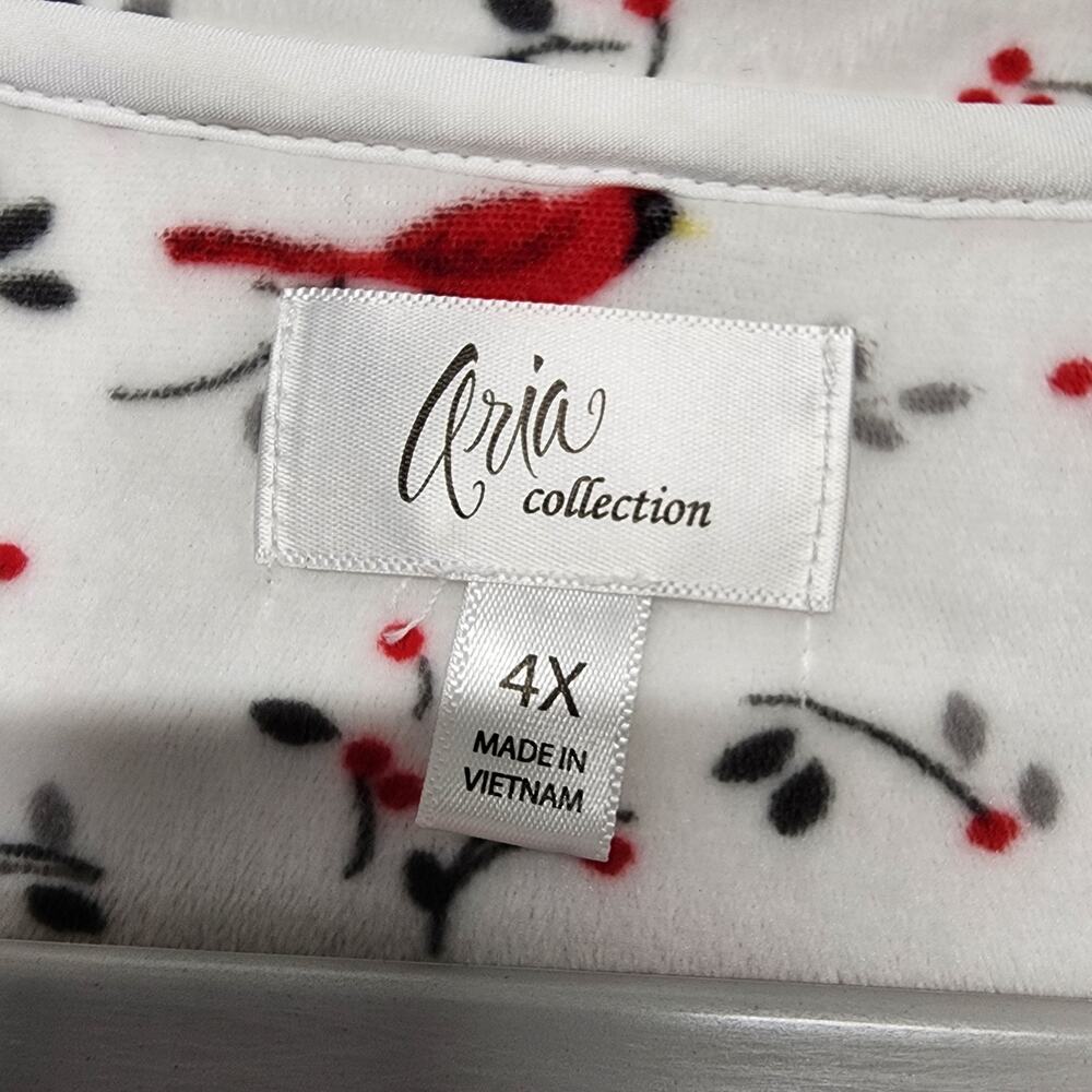 Aria Womens Velour Nightgown Size 4X White Red Cardinal Bird Print Long Sleeve - Picture 10 of 11